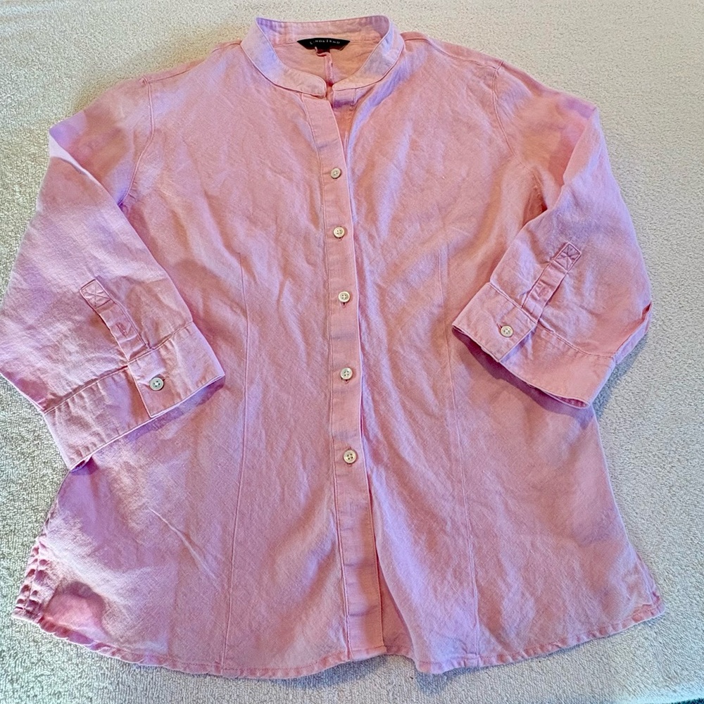 Lands’ End Women’s Pink Linen Button-Up Blouse Mandarin Collar Size 12